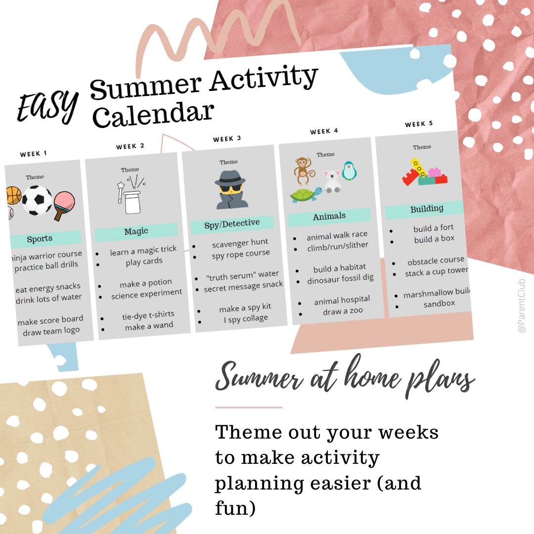 Calendario semplice delle attività estive, attività estive per bambini, attività per bambini, divertimento in famiglia, idee a tema per il campo tramite www.parentclub.ca